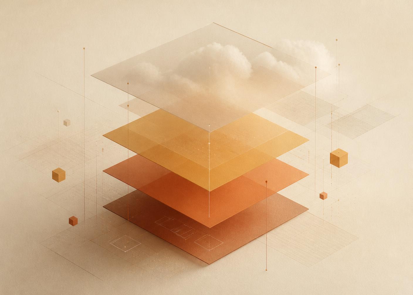 Abstract layered planes representing cloud infrastructure tiers in warm amber and clay tones