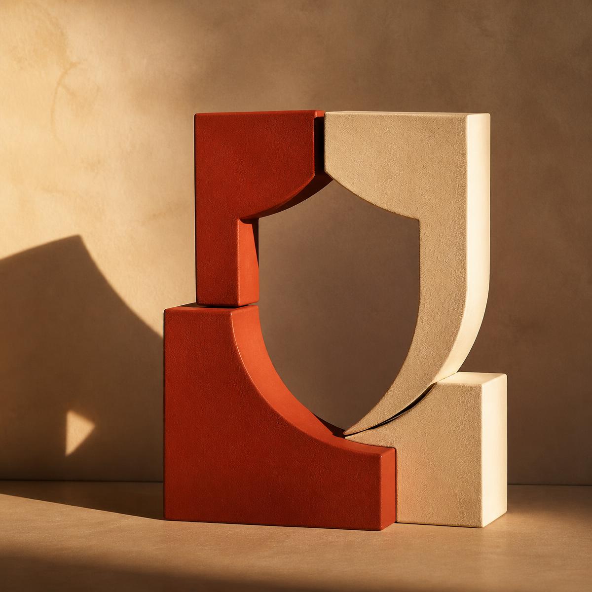 Sculptural ceramic forms in clay red and sand shaping a shield outline in strong sunlight