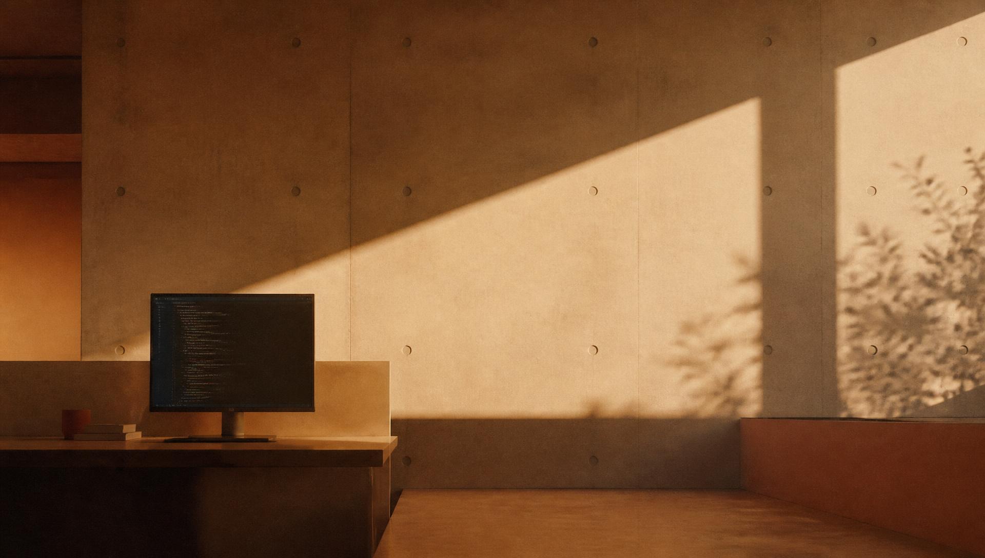 Sunlit concrete studio wall with a single monitor displaying code on a wooden desk