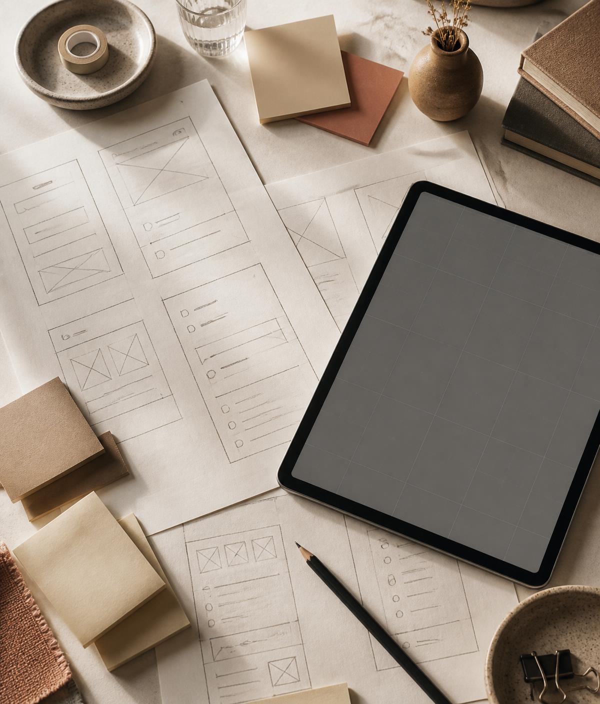 Overhead view of paper interface wireframes, sticky notes, a pencil and a tablet on a warm desk