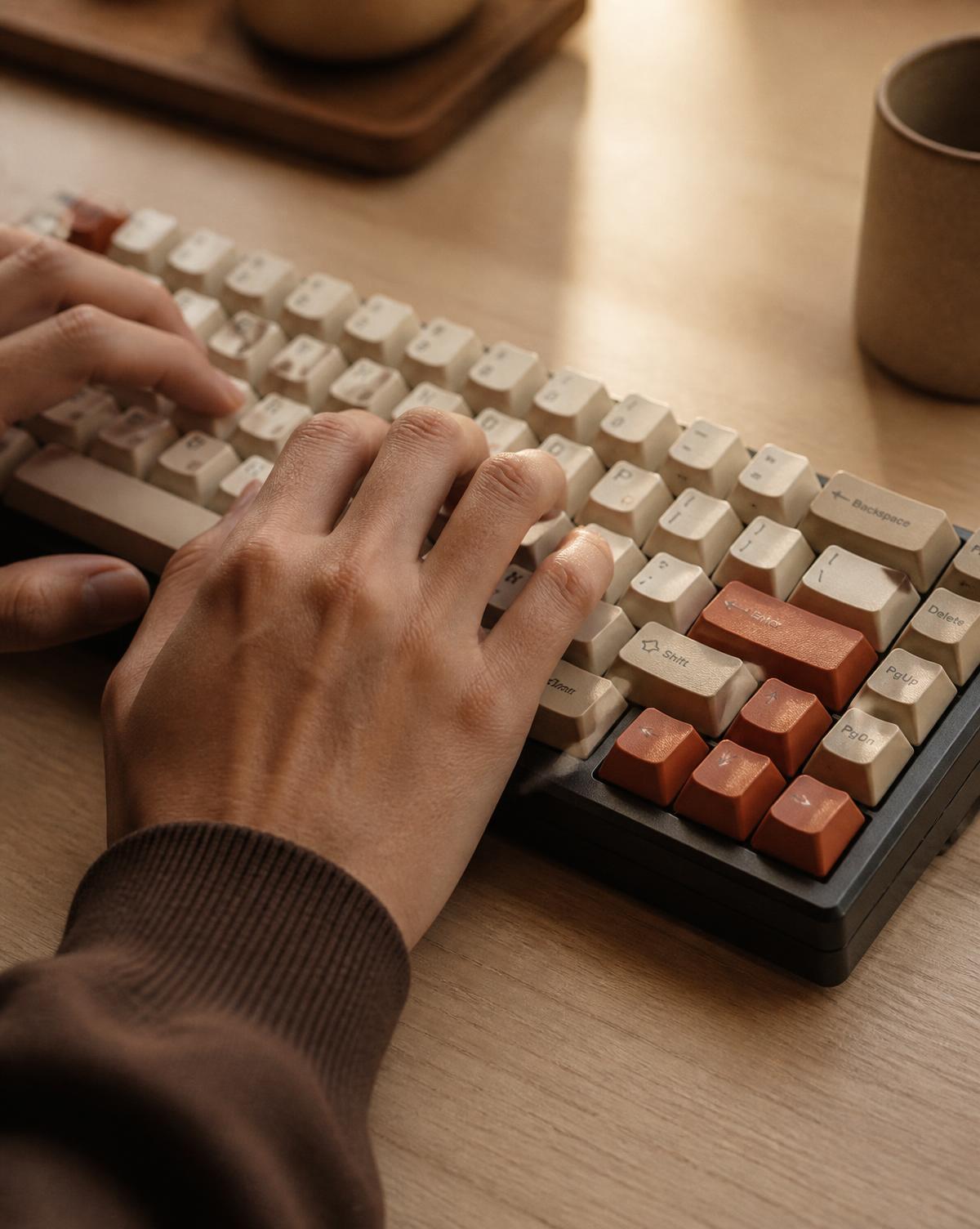 Hands typing on a mechanical keyboard with cream and terracotta keycaps on a wooden desk